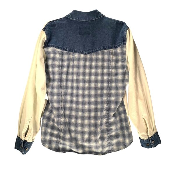 Vtg Wrangler Western Wear Denim Shirt White Blue Cowgirl Rodeo Zig Zag Plaid Lg - Picture 6 of 13